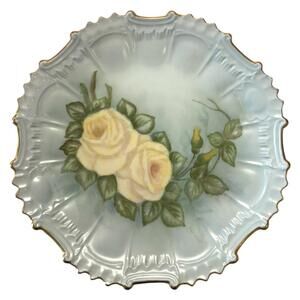 Vintage Antique Hand Painted Porcelain 10.25” Plate Light Blue Yellow Roses